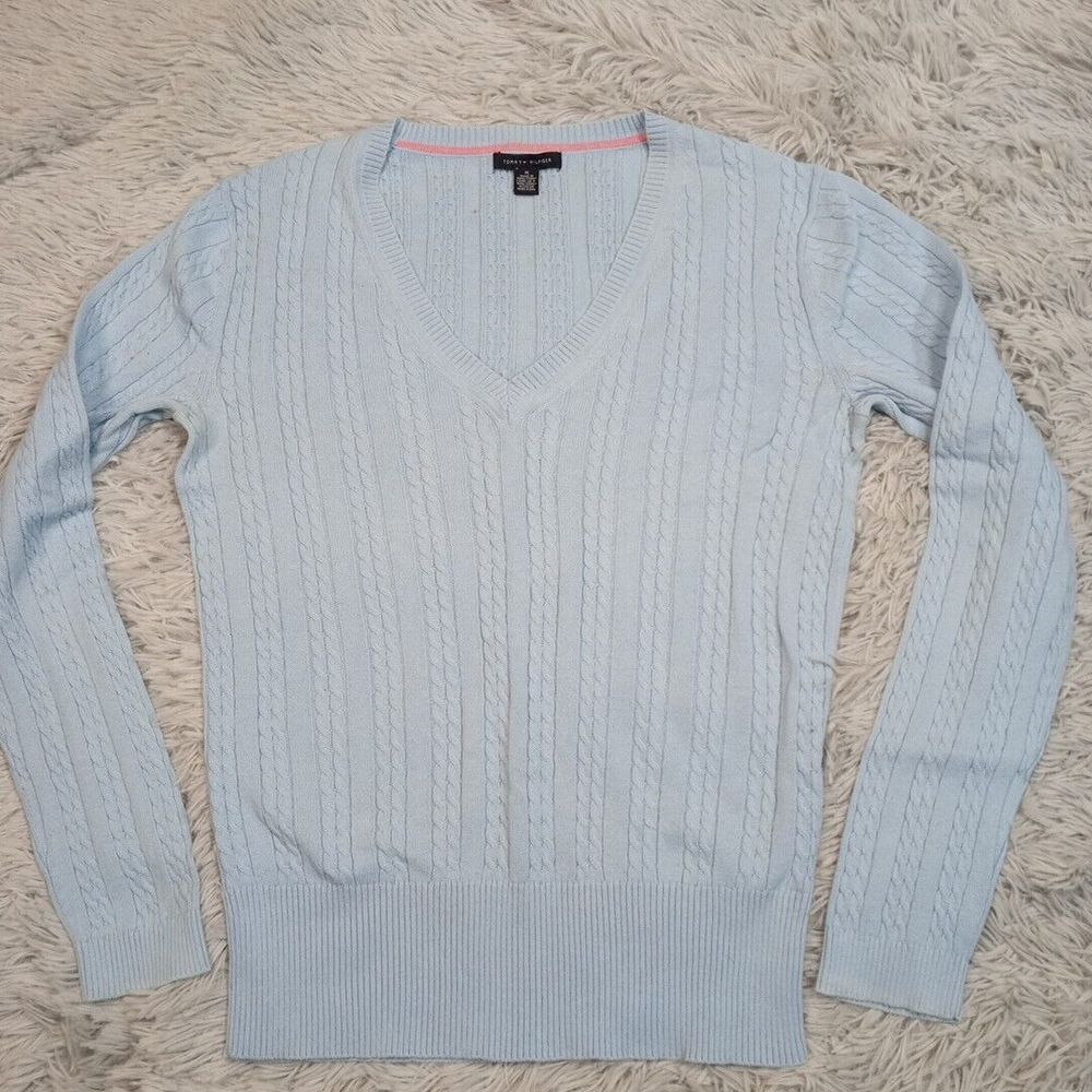 Vintage Tommy Hilfiger Sweater Womens M Blue Y2K Comfy Casual Preppy V Neck